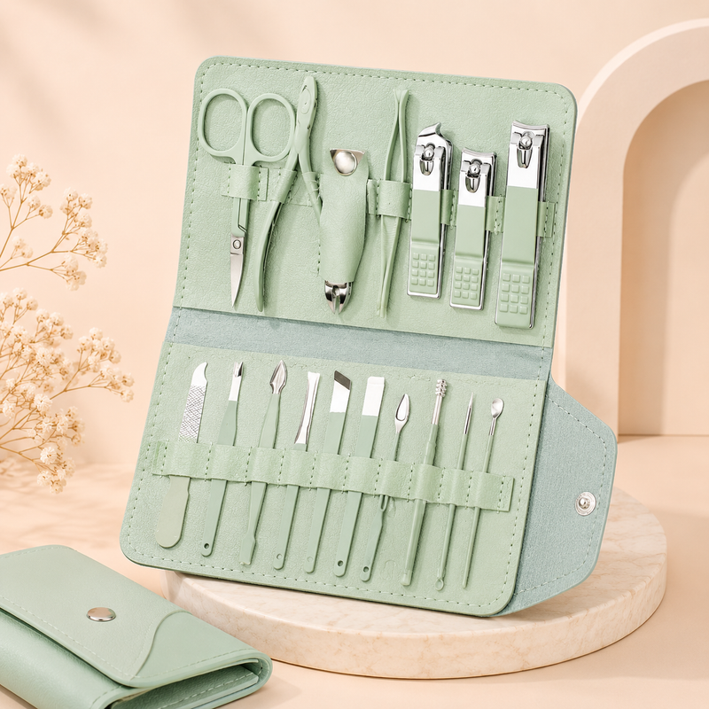 16-Piece Professional Manicure & Pedicure Kit with Leather Case