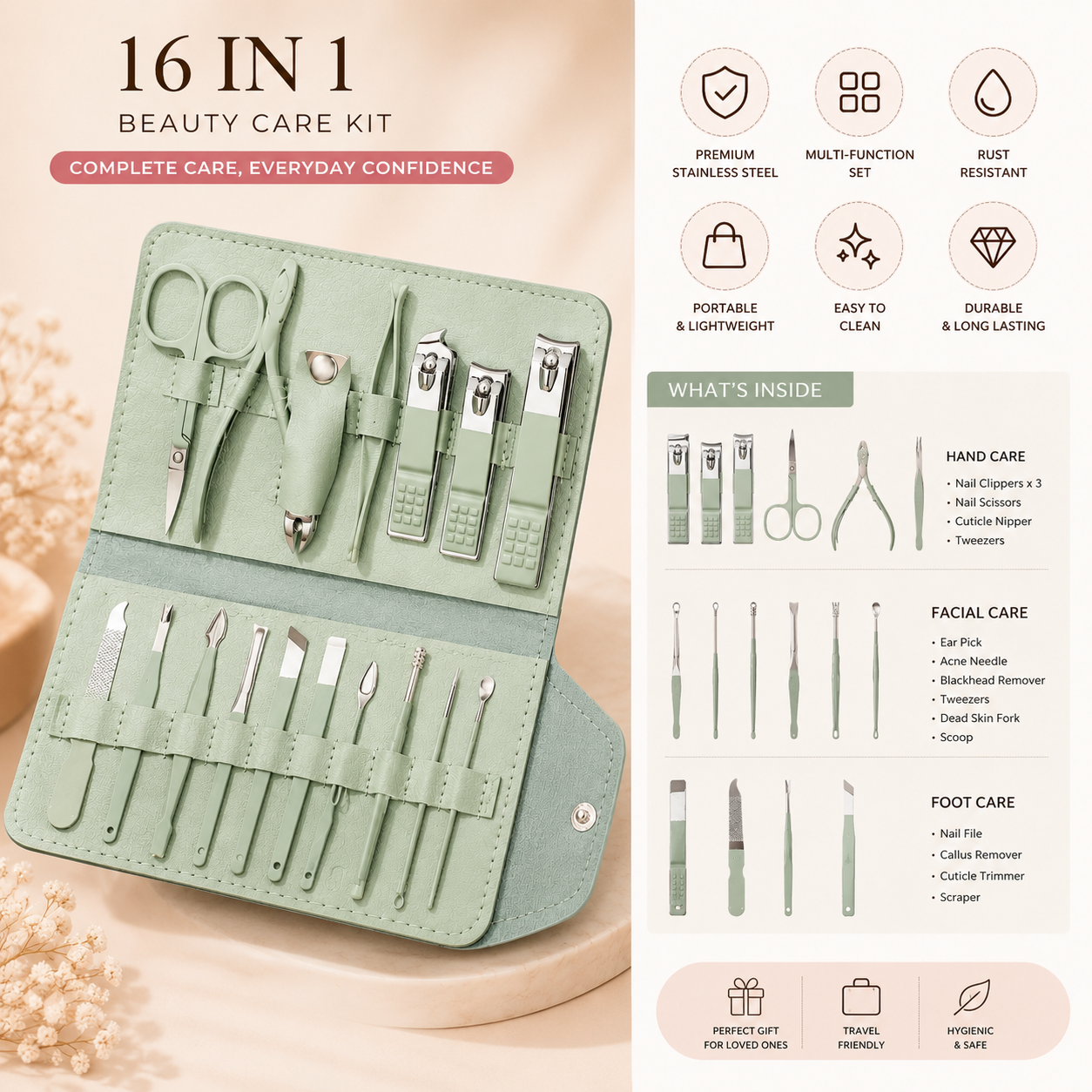 16-Piece Professional Manicure & Pedicure Kit with Leather Case