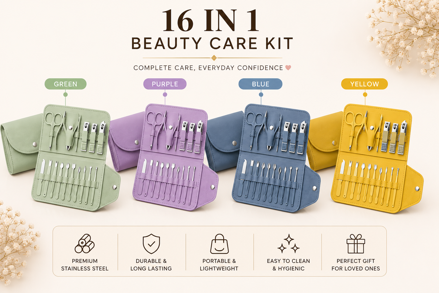 16-Piece Professional Manicure & Pedicure Kit with Leather Case