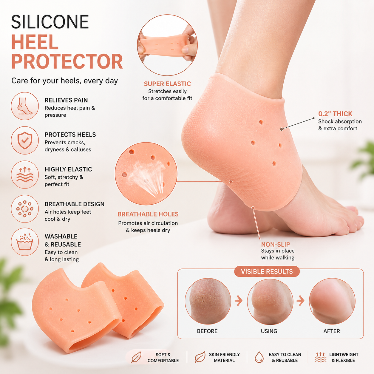 2 Pcs Silicone Heel Pads for Cracked Heels & Heel Protection