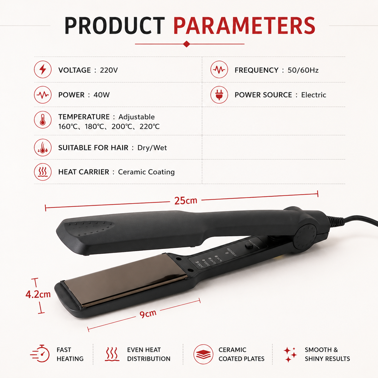 Professional Ceramic Tourmaline Hair Straightener | Adjustable Temperature Flat Iron