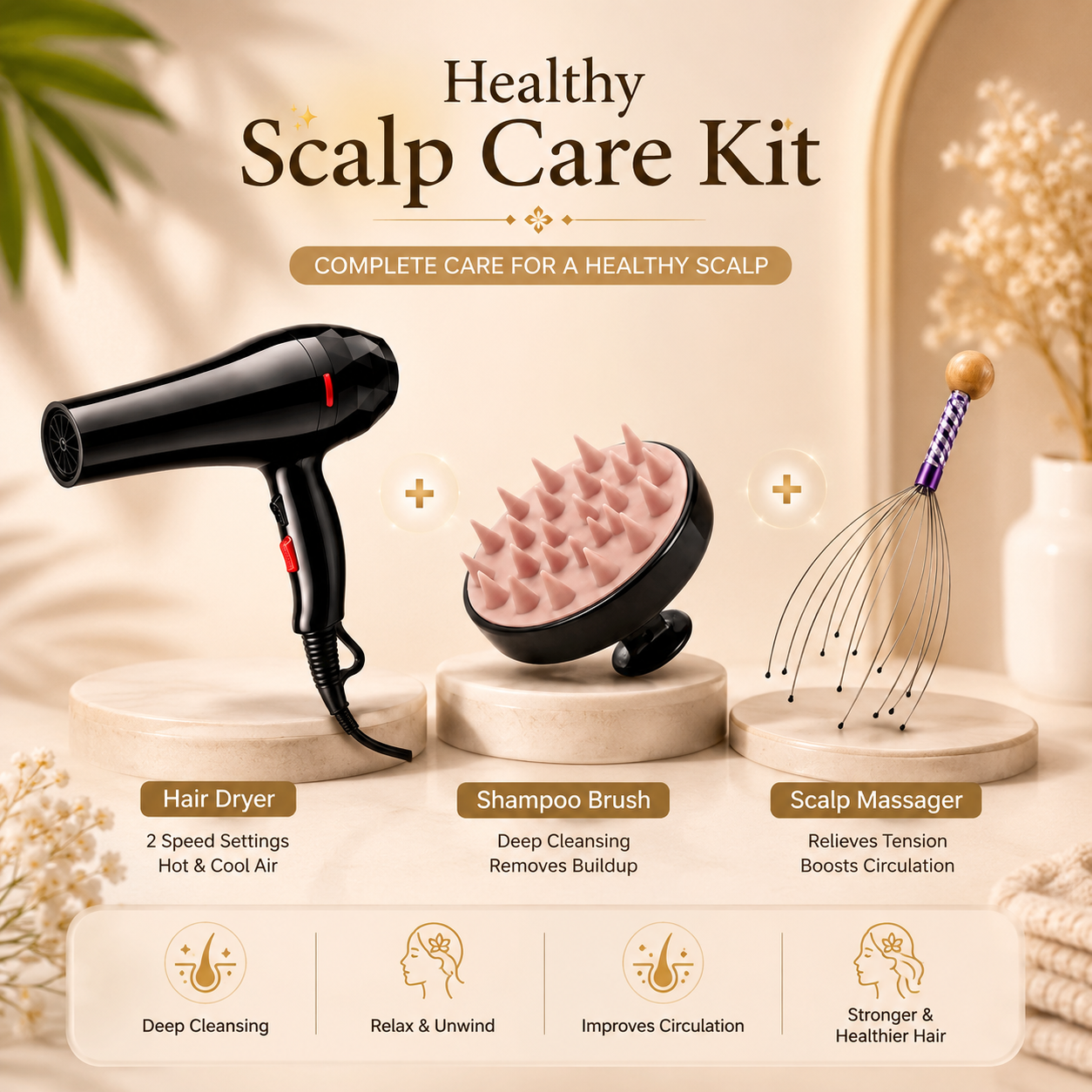 Healthy Scalp Care Kit | Hair Dryer, Shampoo Brush & Scalp Massager Combo