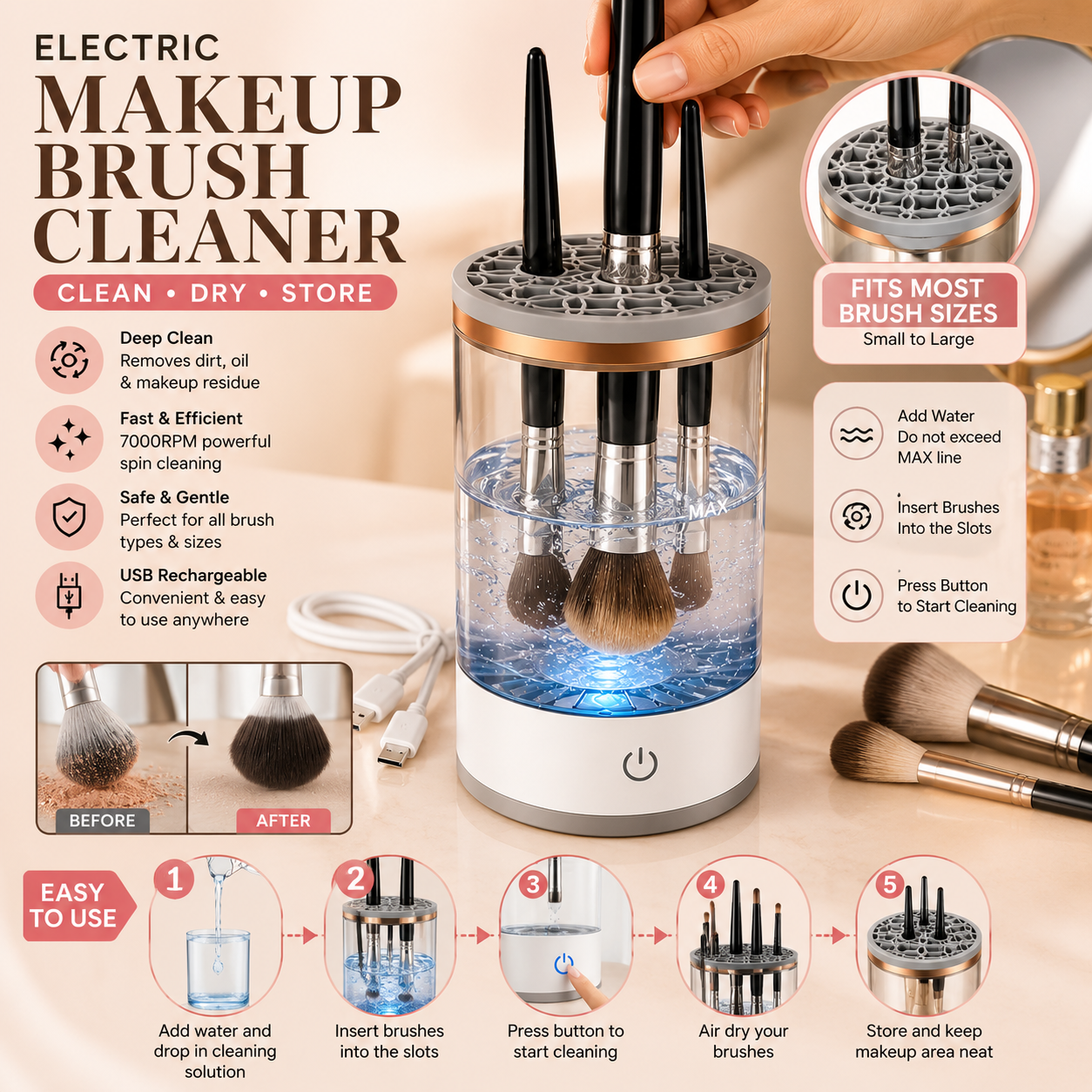 Electric USB Makeup Brush Cleaner & Dryer | Automatic Brush Cleaning Machine